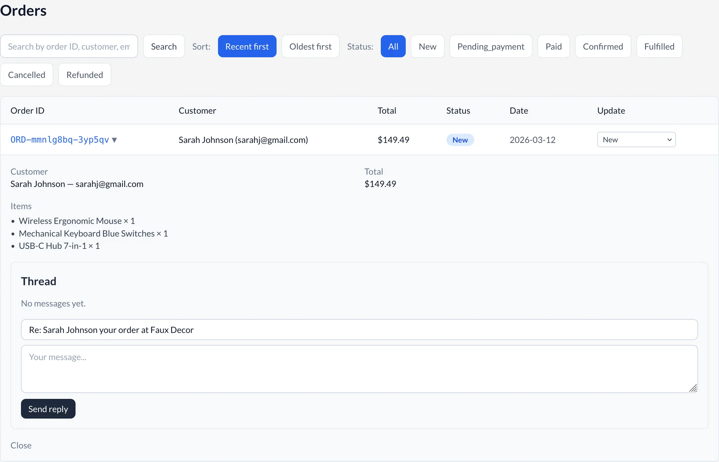 Order management dashboard