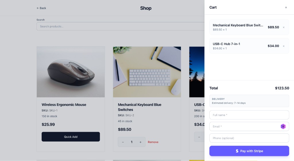 Shop with cart drawer and Stripe checkout