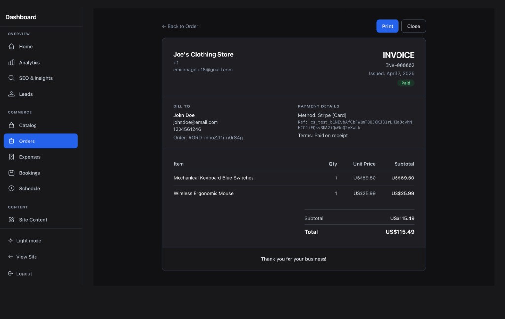 Invoice in the admin dashboard