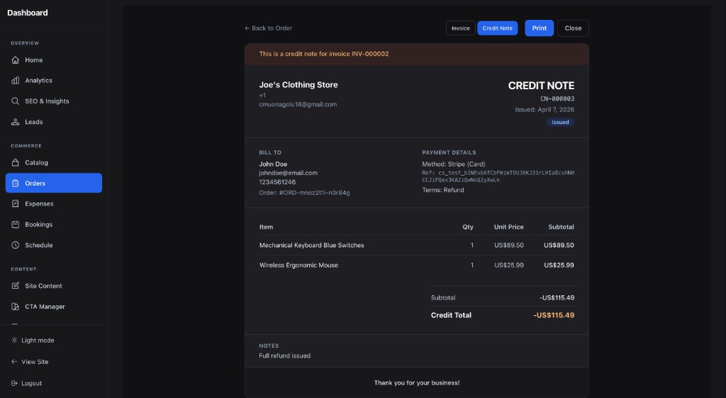 Credit note in the admin dashboard